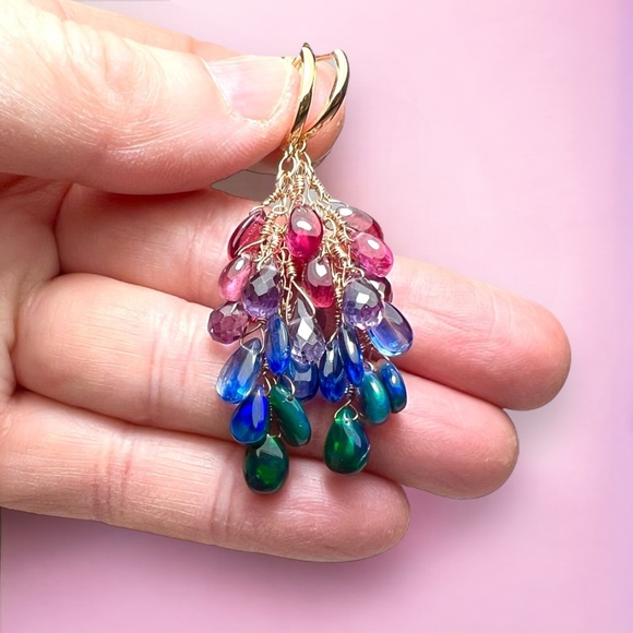 Natural Rainbow Gemstone: Opal Tourmaline Ruby Earrings in Solid 18K Rose Gold - Picture 13 of 15